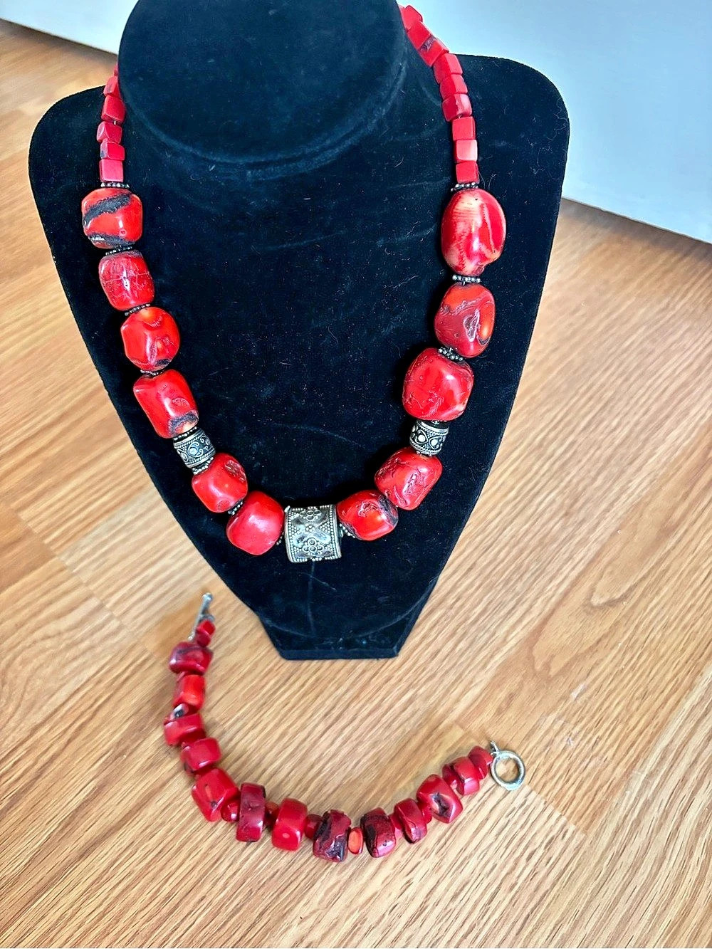 Red Coral and silver Beaded Necklace & Bracelet Set